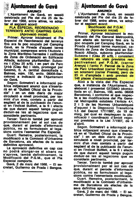 Anuncis de l'Ajuntament de Gav publicats en el diari La Vanguardia el 9 de Mar de 1988